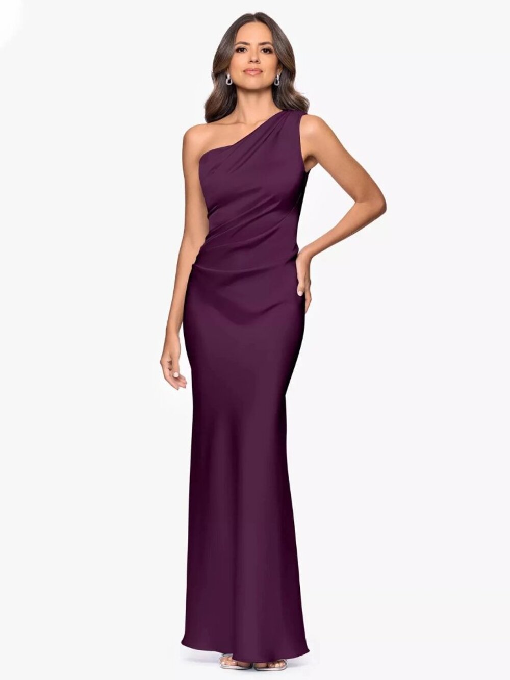 Betsy & Adam Plum Satin One Shoulder Dress